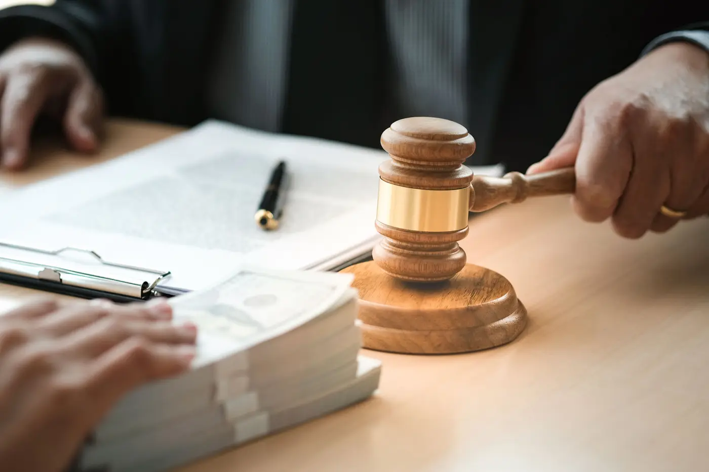 Lawyer Auction bid sale judgment mallet with judge. Auctioneer knocking down sale