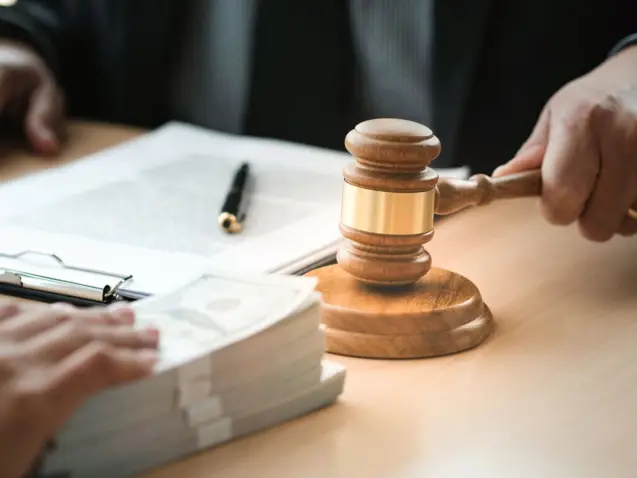 Lawyer Auction bid sale judgment mallet with judge. Auctioneer knocking down sale
